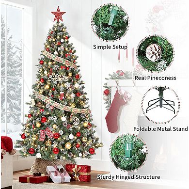 Prelit Pencil Snow Flocked Christmas Tree, Pre-Decorated with Pine Cones Trees with Foldable Stand