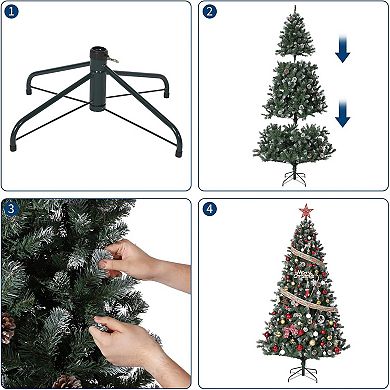 Prelit Pencil Snow Flocked Christmas Tree, Pre-Decorated with Pine Cones Trees with Foldable Stand