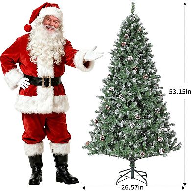 Prelit Pencil Snow Flocked Christmas Tree, Pre-Decorated with Pine Cones Trees with Foldable Stand