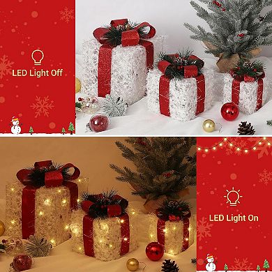 3 Pcs Lighted Boxes,10"/8"/6" Xmas Present Box with Led Lights, Greenery, Red Berries and Pine Cones