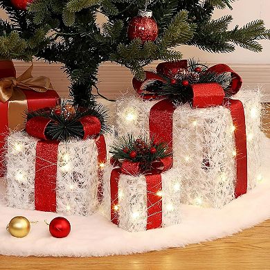 3 Pcs Lighted Boxes,10"/8"/6" Xmas Present Box with Led Lights, Greenery, Red Berries and Pine Cones