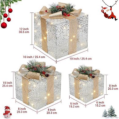 3 Pcs Lighted Boxes,10"/8"/6" Xmas Present Box with Led Lights, Greenery, Red Berries and Pine Cones