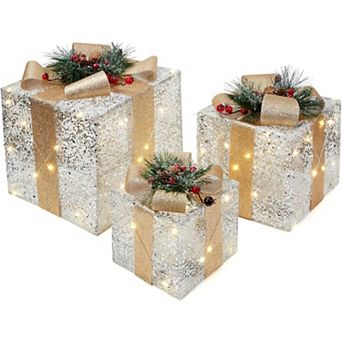 3 pc Lighted Boxes,10"/8"/6" Xmas Present Box with Led Lights, Greenery, Red Berries and Pine Cones