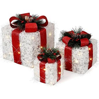 3 pc Lighted Boxes,10"/8"/6" Xmas Present Box with Led Lights, Greenery, Red Berries and Pine Cones