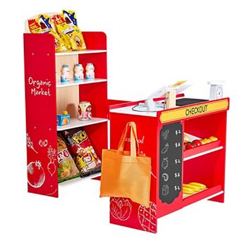 Wooden Grocery Store Playset with Conveyor Belt, Scanner & Cash Register