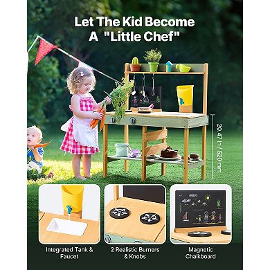 Wooden Mud Kitchen with Planter Box Outdoor Play Kitchen with Sink & Accessories