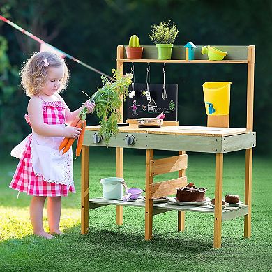 Wooden Mud Kitchen with Planter Box Outdoor Play Kitchen with Sink & Accessories