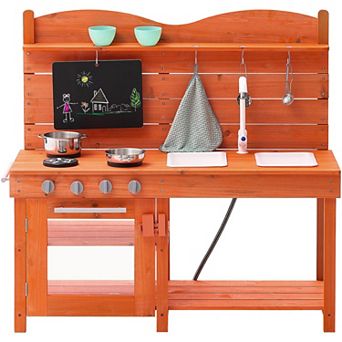 Wooden Mud Kitchen for Kids Outdoor Play Kitchen with Sink, Stove & Accessories