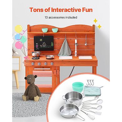 Wooden Mud Kitchen for Kids Outdoor Play Kitchen with Sink, Stove & Accessories
