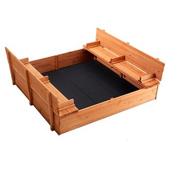 Wooden Sandbox with Foldable Bench Seats, Natural Wood