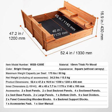 Wooden Sandbox with Foldable Bench Seats, Natural Wood