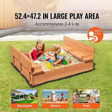 Wooden Sandbox with Foldable Bench Seats, Natural Wood