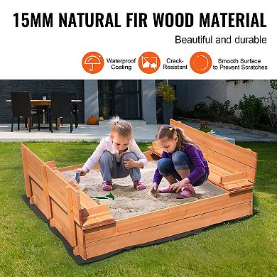 Wooden Sandbox with Foldable Bench Seats, Natural Wood