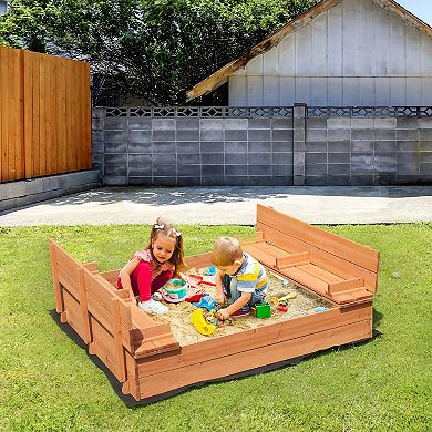 Wooden Sandbox with Foldable Bench Seats, Natural Wood