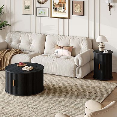 Mid Century Coffee Table Set with Sliding Door and Storage Round End Table Black
