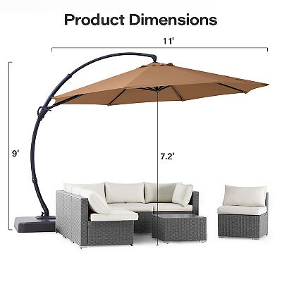 11 FT Outdoor Patio Umbrella with Base Deluxe Curvy Cantilever Umbrella  Offset Hanging Umbrella