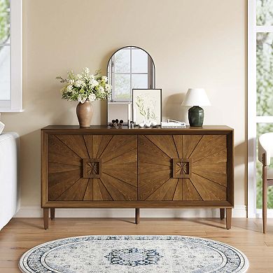 60 Inch Rustic Farmhouse Credenza with Sunburst Doors and Adjustable Shelves