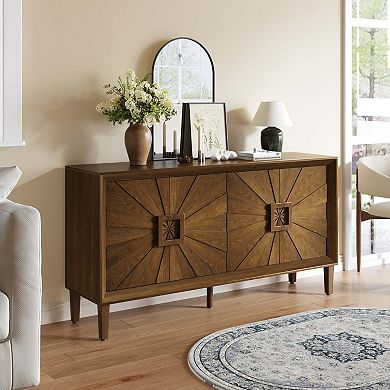 60 Inch Rustic Farmhouse Credenza with Sunburst Doors and Adjustable Shelves