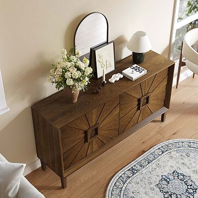 60 Inch Rustic Farmhouse Credenza with Sunburst Doors and Adjustable Shelves