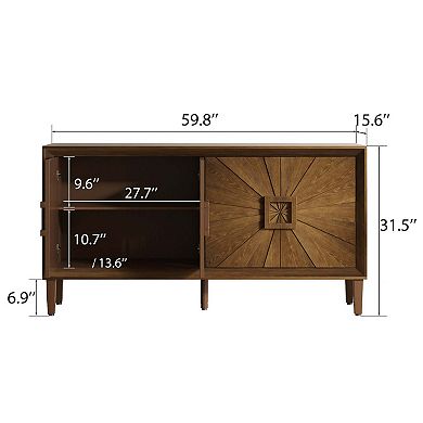 60 Inch Rustic Farmhouse Credenza with Sunburst Doors and Adjustable Shelves