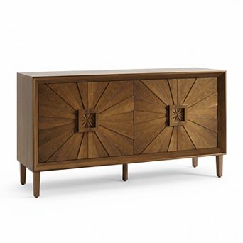 60 Inch Rustic Farmhouse Credenza with Sunburst Doors and Adjustable Shelves