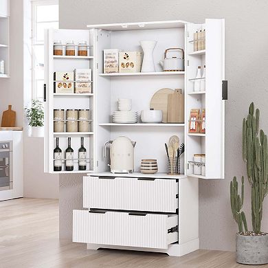 72 Inch Modern Fluted Pantry Cabinet with Drawers and Door Spice Racks