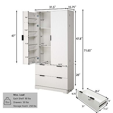 72 Inch Modern Fluted Pantry Cabinet with Drawers and Door Spice Racks