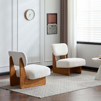 Set of 2 Modern Beige Lounge Chairs with Polyester Upholstery and Solid Wood Base