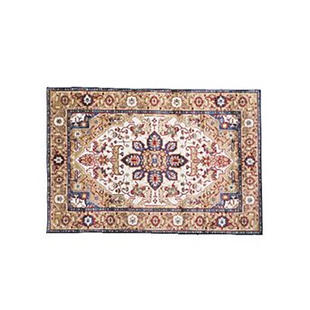 Vintage Bohemian Washable Area Rug with Non Slip Backing Flower Design Blue Gold