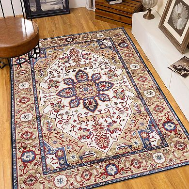 Vintage Bohemian Washable Area Rug with Non Slip Backing Flower Design Blue Gold