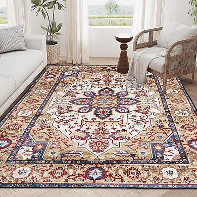 Vintage Bohemian Washable Area Rug with Non Slip Backing Flower Design Blue Gold
