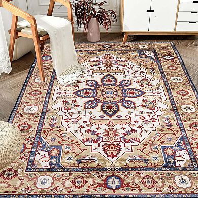 Vintage Bohemian Washable Area Rug with Non Slip Backing Flower Design Blue Gold