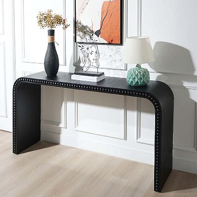 59 Inch Curved Waterfall Console Table with Wood Bead Trim for Entryway and Living Room