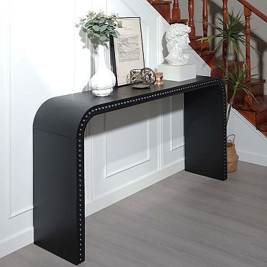 59 Inch Curved Waterfall Console Table with Wood Bead Trim for Entryway and Living Room