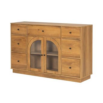 Large Storage Cabinet with 2 Doors and 7 Drawers for Living Room Dining Room Entryway Natural Wood