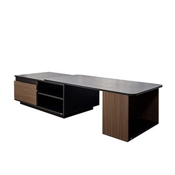 Extendable Wood Coffee Table with Adjustable Length and 2 Storage Drawers for Living Room