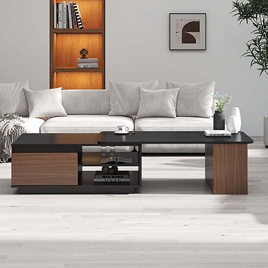 Extendable Wood Coffee Table with Adjustable Length and 2 Storage Drawers for Living Room