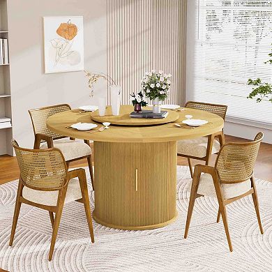 55 Inch Round Dining Table for Six with Rotating Tray and Double Storage Rack Natural