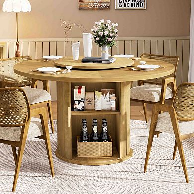 55 Inch Round Dining Table for Six with Rotating Tray and Double Storage Rack Natural