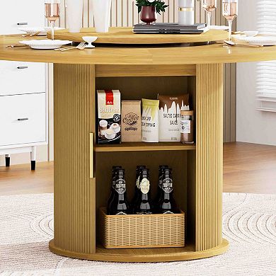 55 Inch Round Dining Table for Six with Rotating Tray and Double Storage Rack Natural