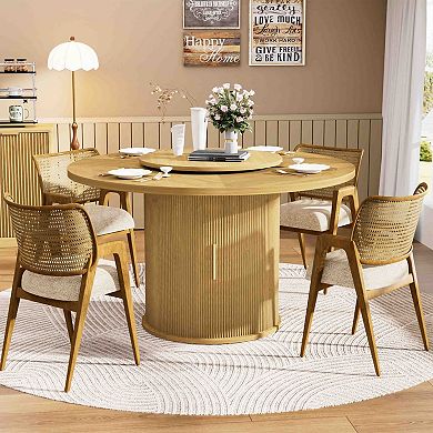 55 Inch Round Dining Table for Six with Rotating Tray and Double Storage Rack Natural