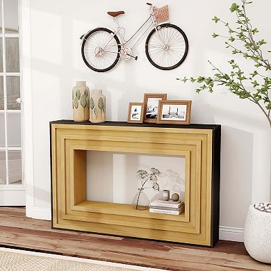Modern Contrast Console Table with Layered Wood Frame and Black Top for Entryway or Living Room