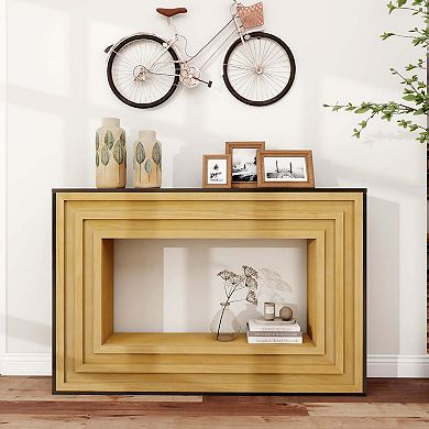 Modern Contrast Console Table with Layered Wood Frame and Black Top for Entryway or Living Room