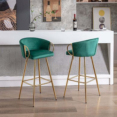 26 Inch Velvet Bar Stools Set of 2 with Chrome Footrest and Golden Legs
