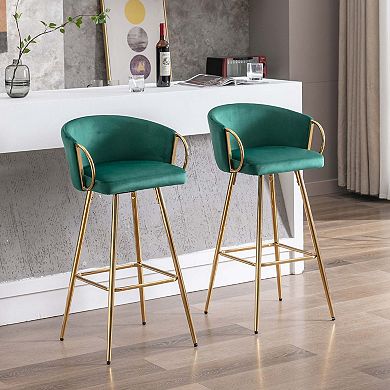 26 Inch Velvet Bar Stools Set of 2 with Chrome Footrest and Golden Legs