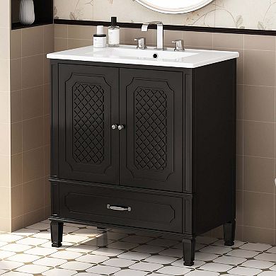 30 Inch Bathroom Vanity with Ceramic Sink Vintage Style with Drawer, Soft Closing Door