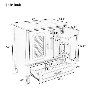 30 Inch Bathroom Vanity with Ceramic Sink Vintage Style with Drawer, Soft Closing Door