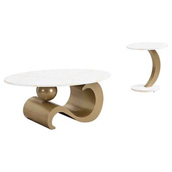 Modern Nesting Coffee Table Set of 2 with Oval and Round Tables Golden Metal Frame for Living Room