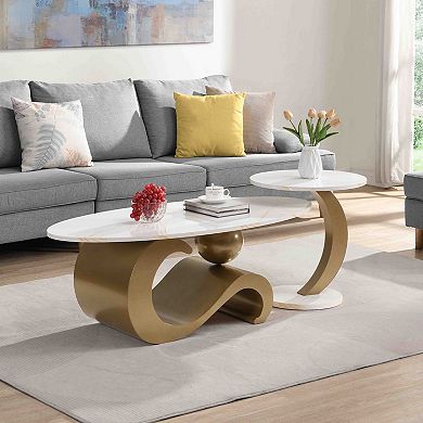 Modern Nesting Coffee Table Set of 2 with Oval and Round Tables Golden Metal Frame for Living Room