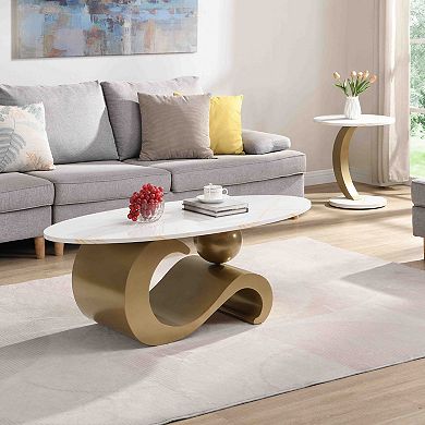 Modern Nesting Coffee Table Set of 2 with Oval and Round Tables Golden Metal Frame for Living Room